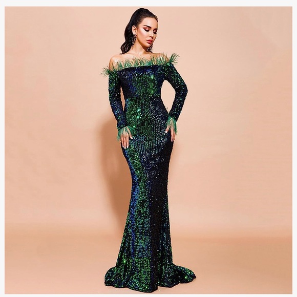 New Miss Ord Off Shoulder Feather Longsleeve Sequin Evening Maxi Dress Gown - Picture 2 of 12
